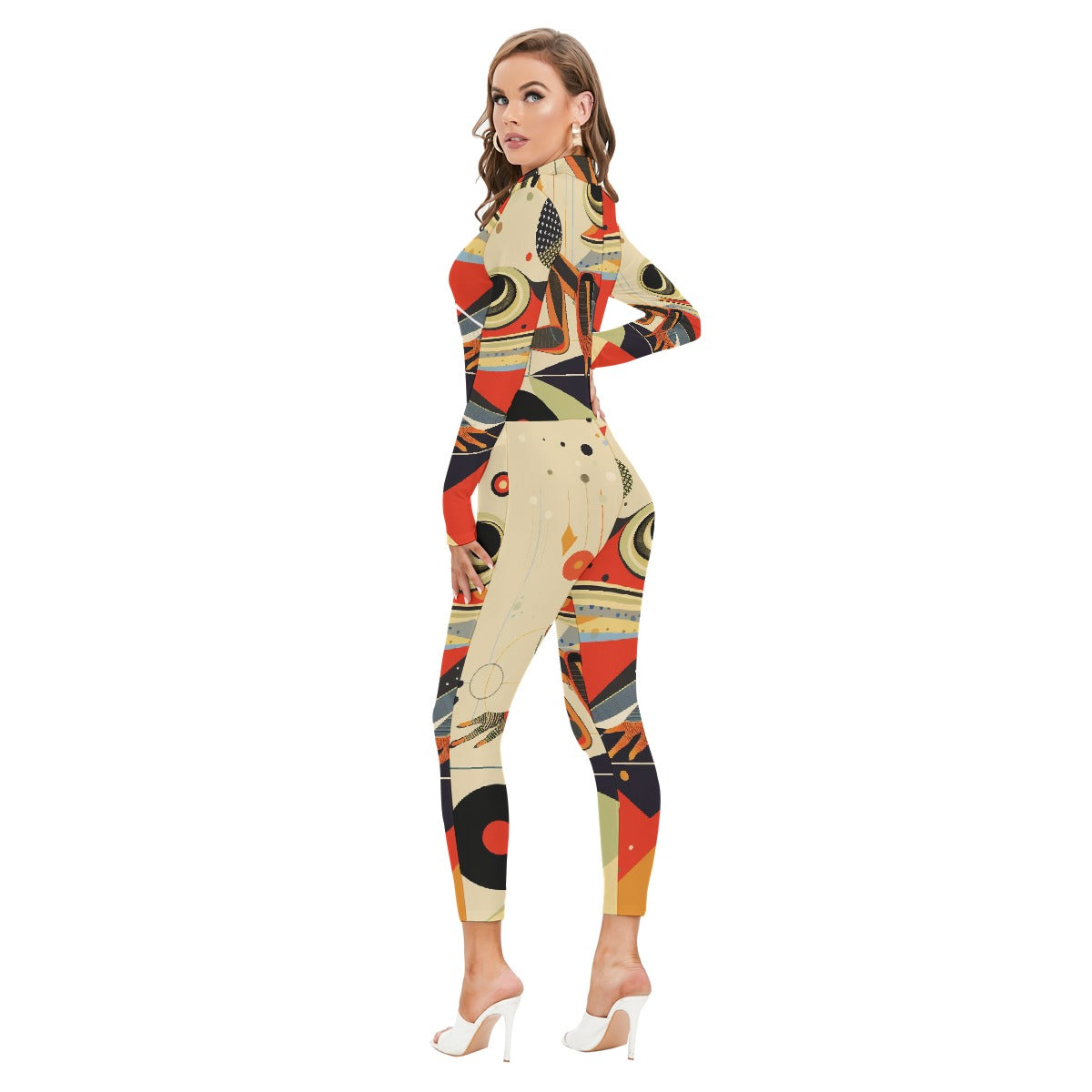 All-Over Print Women's Long-sleeved High-neck Jumpsuit With Zipper