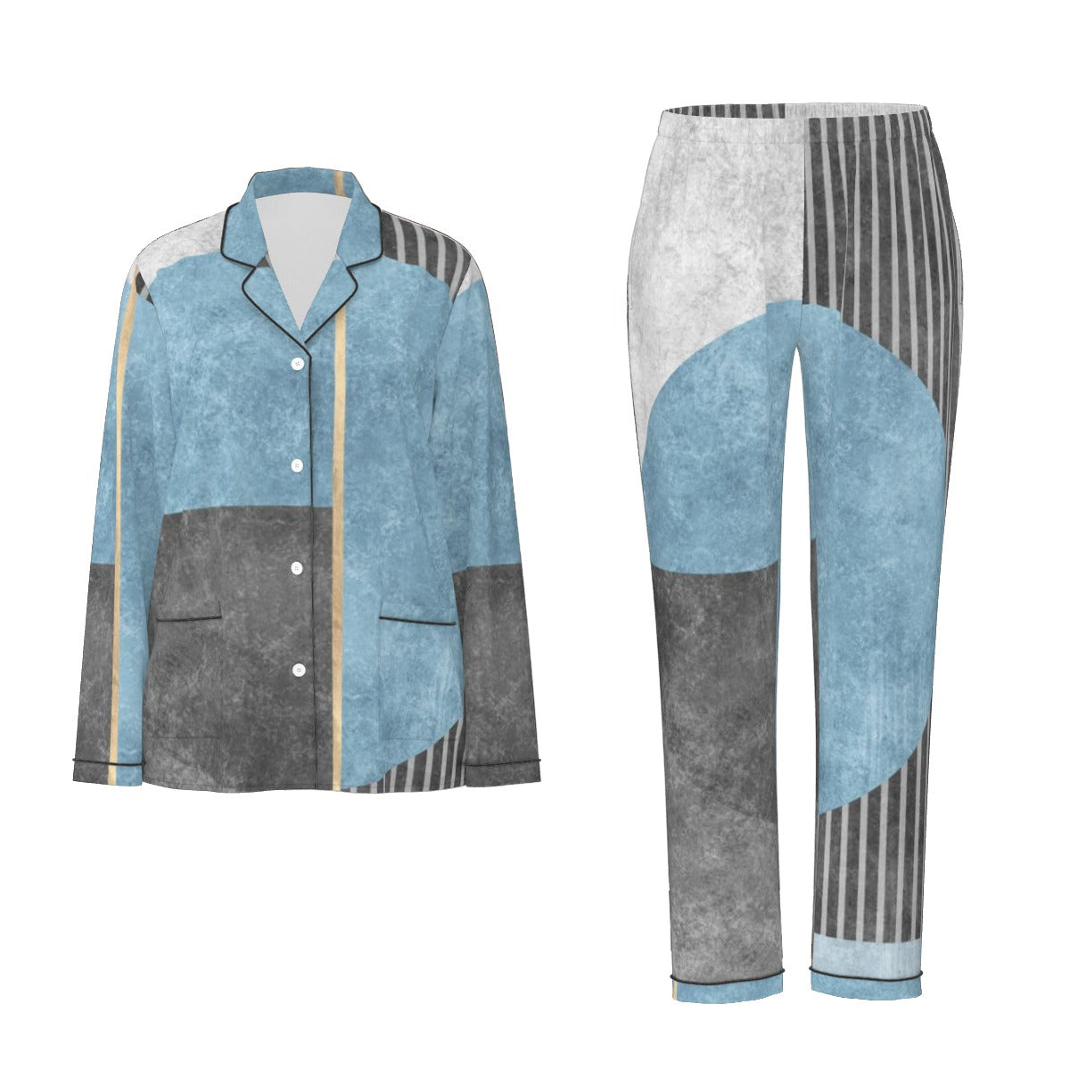 All-Over Print Women's Long Sleeve Pajama Set With Black Contrast Piping