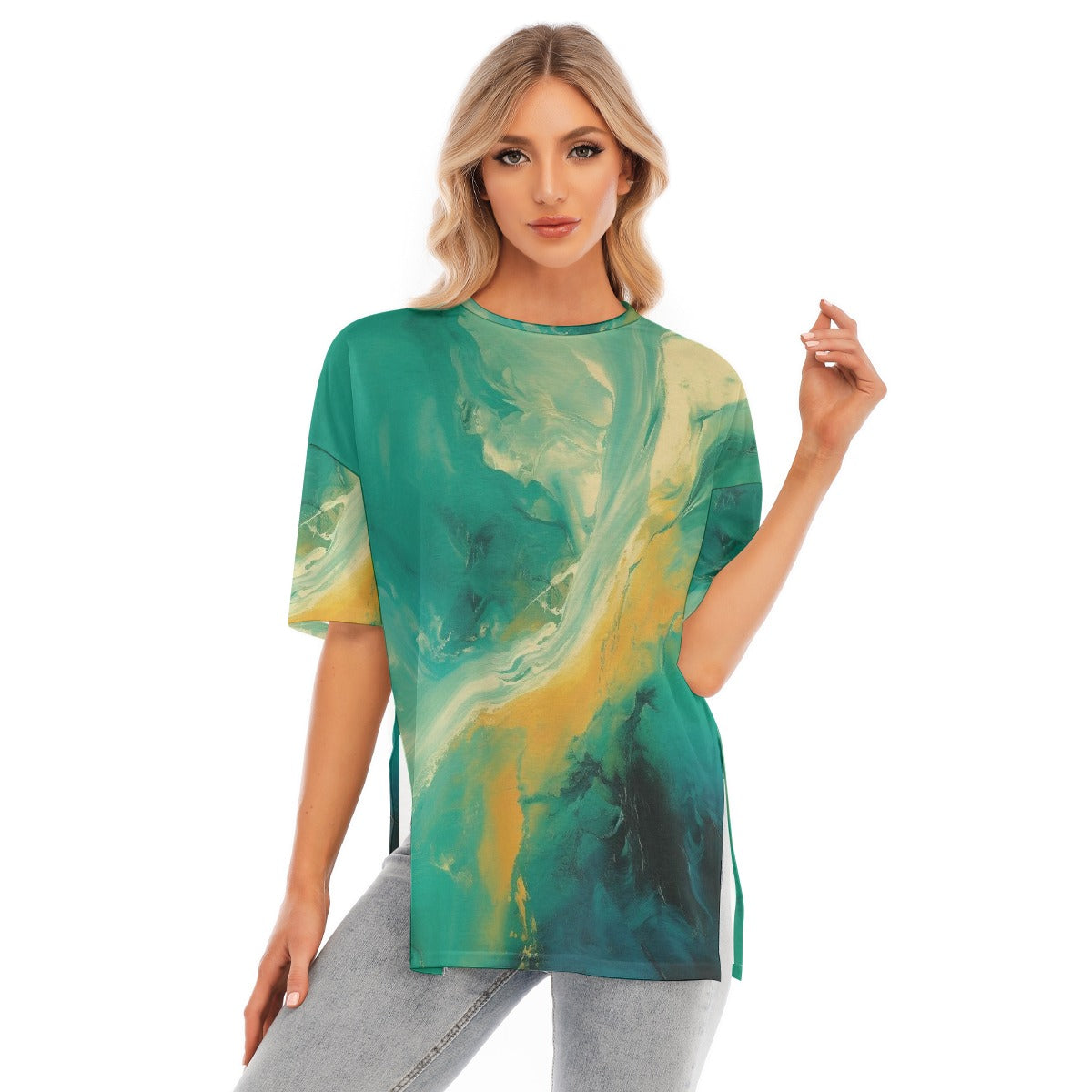 All-Over Print Women's Short Sleeves T-shirt With Hem Split