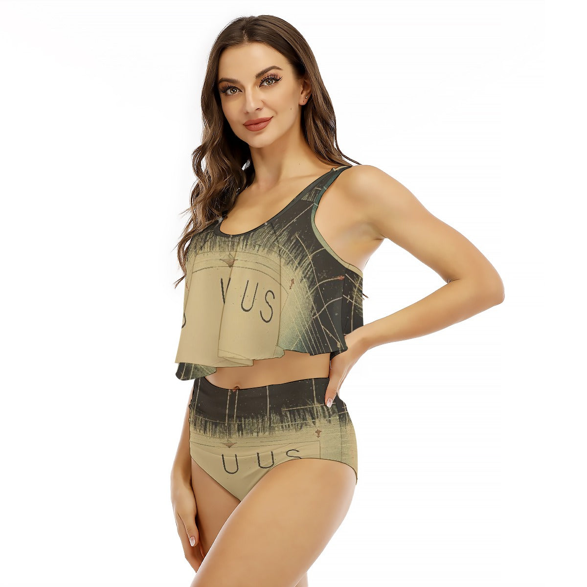 All-Over Print Women's Ruffled Vest Bikini Swimsuit