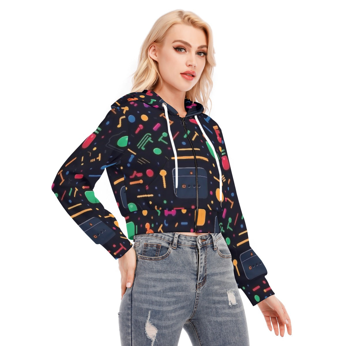 All-Over Print Women's Crop Top Hoodie With Zipper Closure