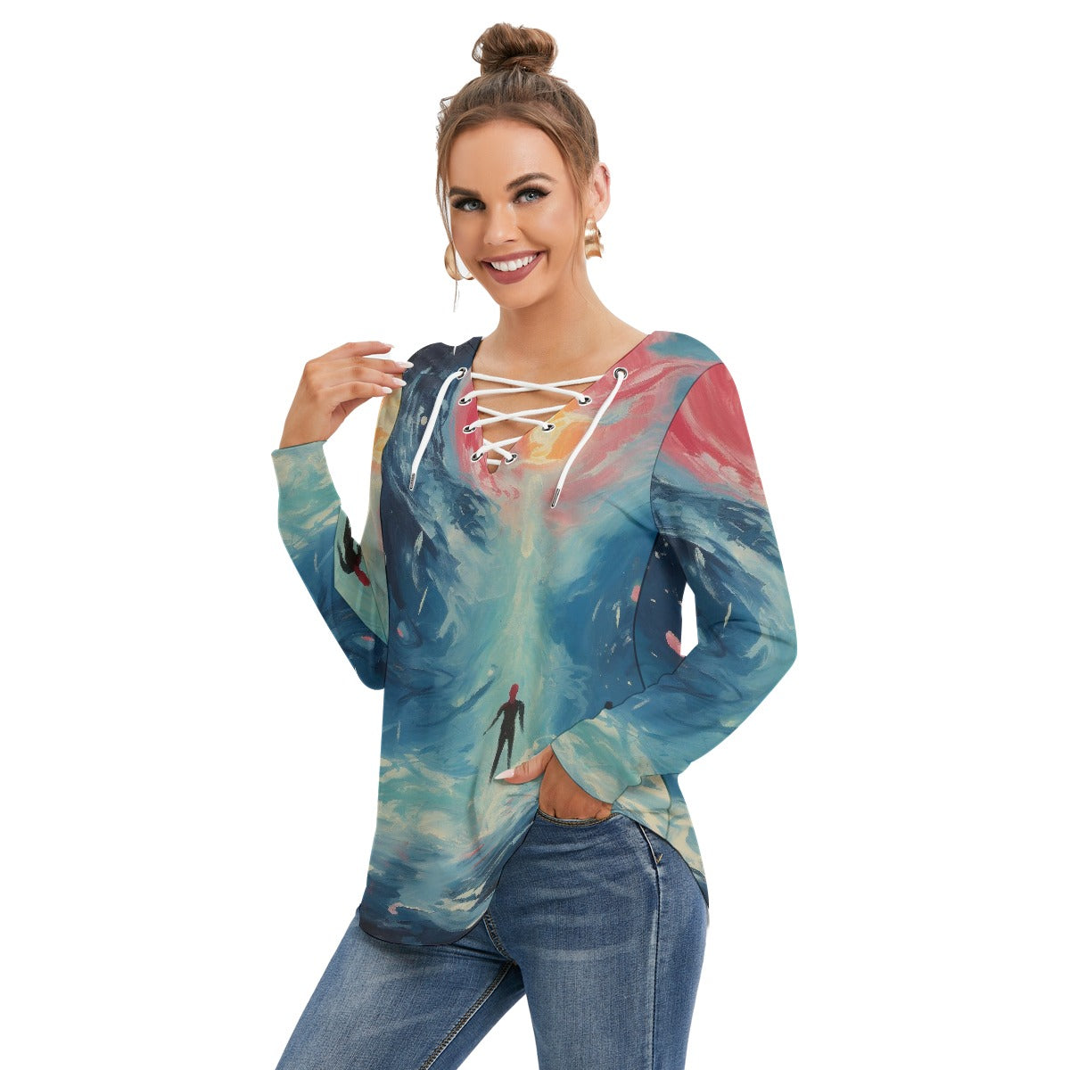 All-Over Print Women's Long Sleeve Neckline Tie Sweatshirt