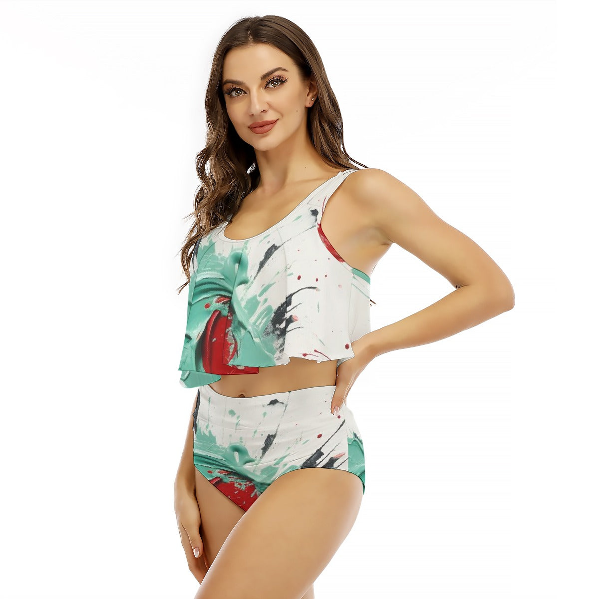 All-Over Print Women's Ruffled Vest Bikini Swimsuit