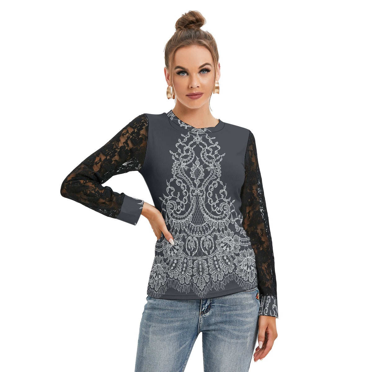 All-Over Print Women's T-shirt And Sleeve With Black Lace