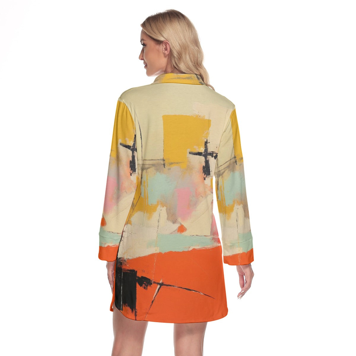 All-Over Print Women's Lapel Shirt Dress With Long Sleeve