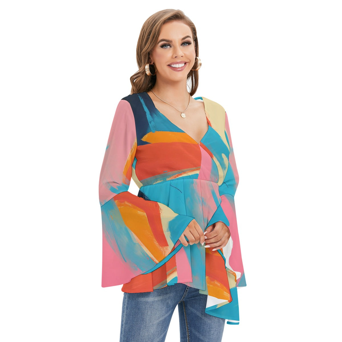 All-Over Print Women's V-neck Blouse With Flared Sleeves