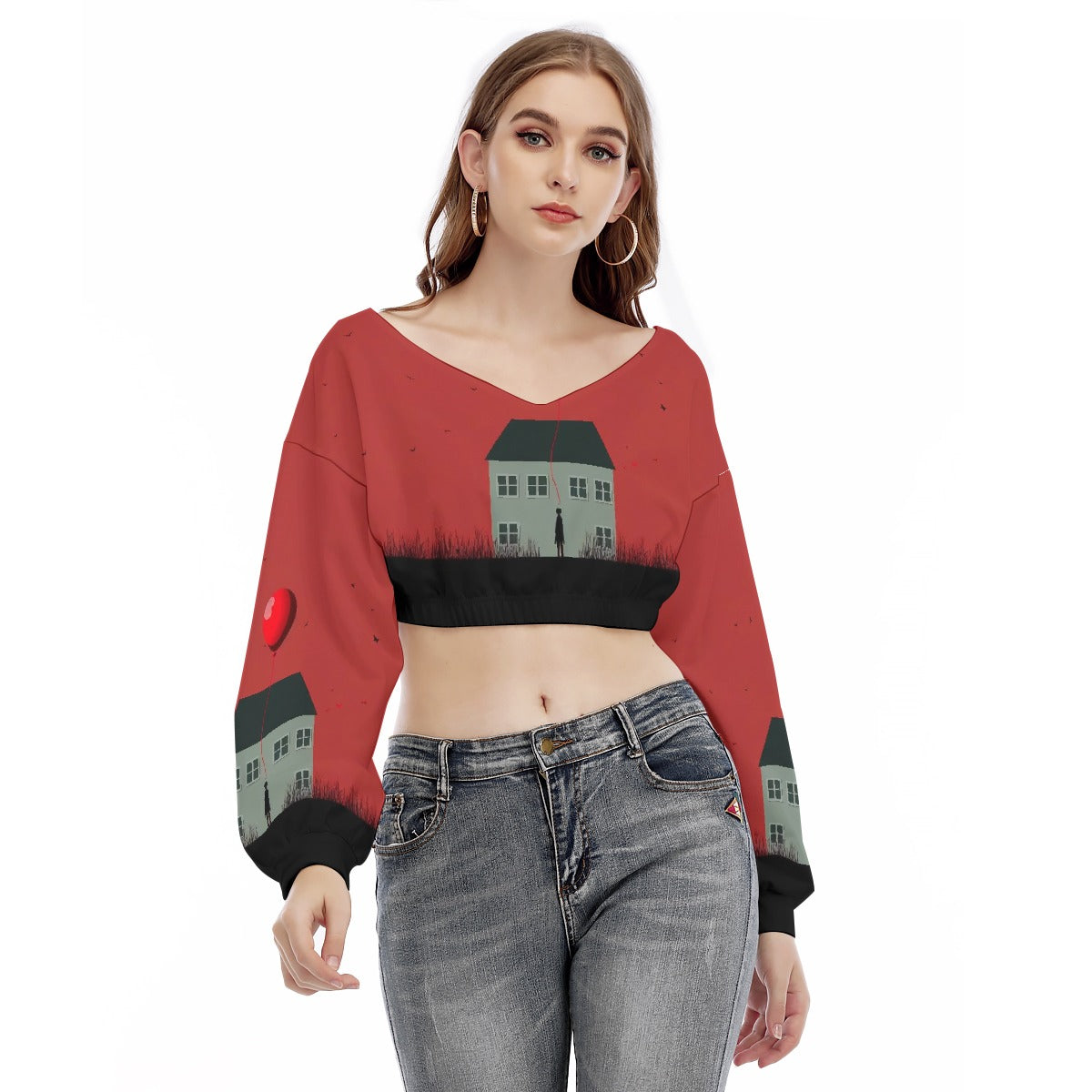 All-Over Print Women's V-neck Long Sleeve Cropped Sweatshirt