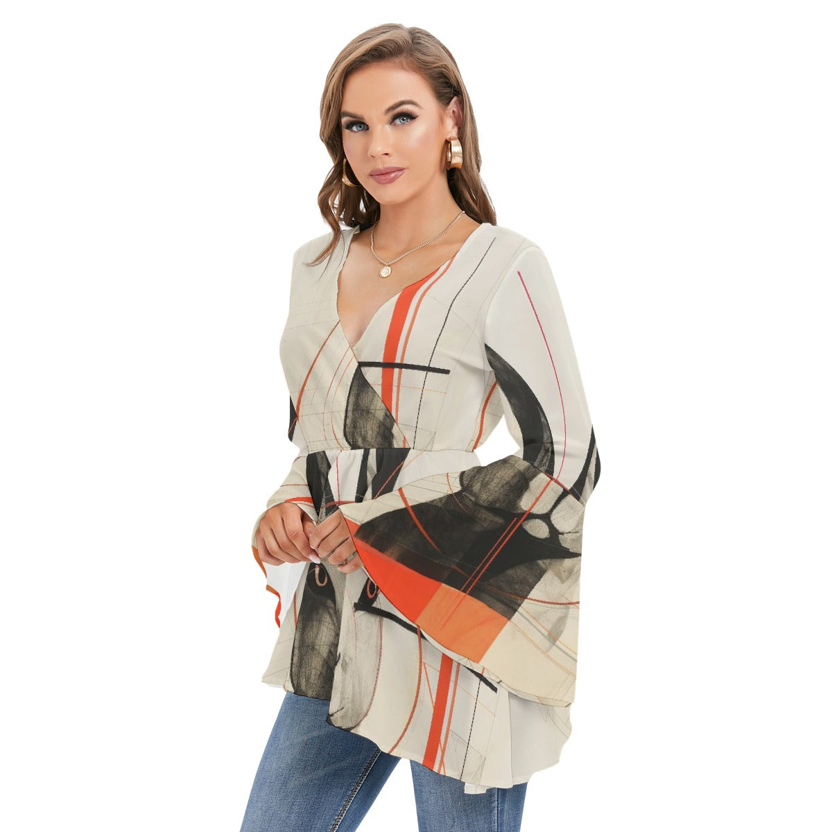 All-Over Print Women's V-neck Blouse With Flared Sleeves