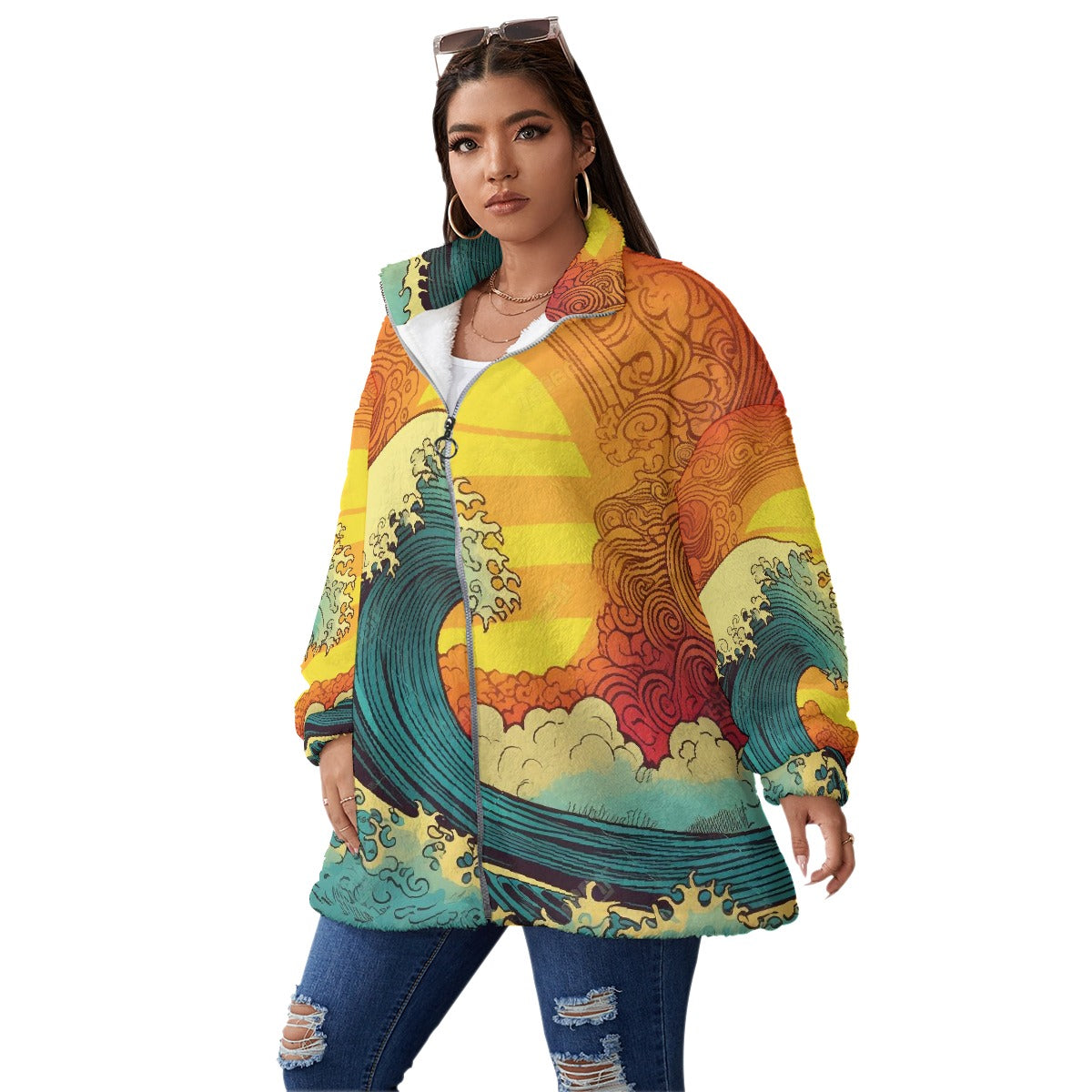 All-Over Print Unisex Borg Fleece Stand-up Collar Coat With Zipper Closure(Plus Size)