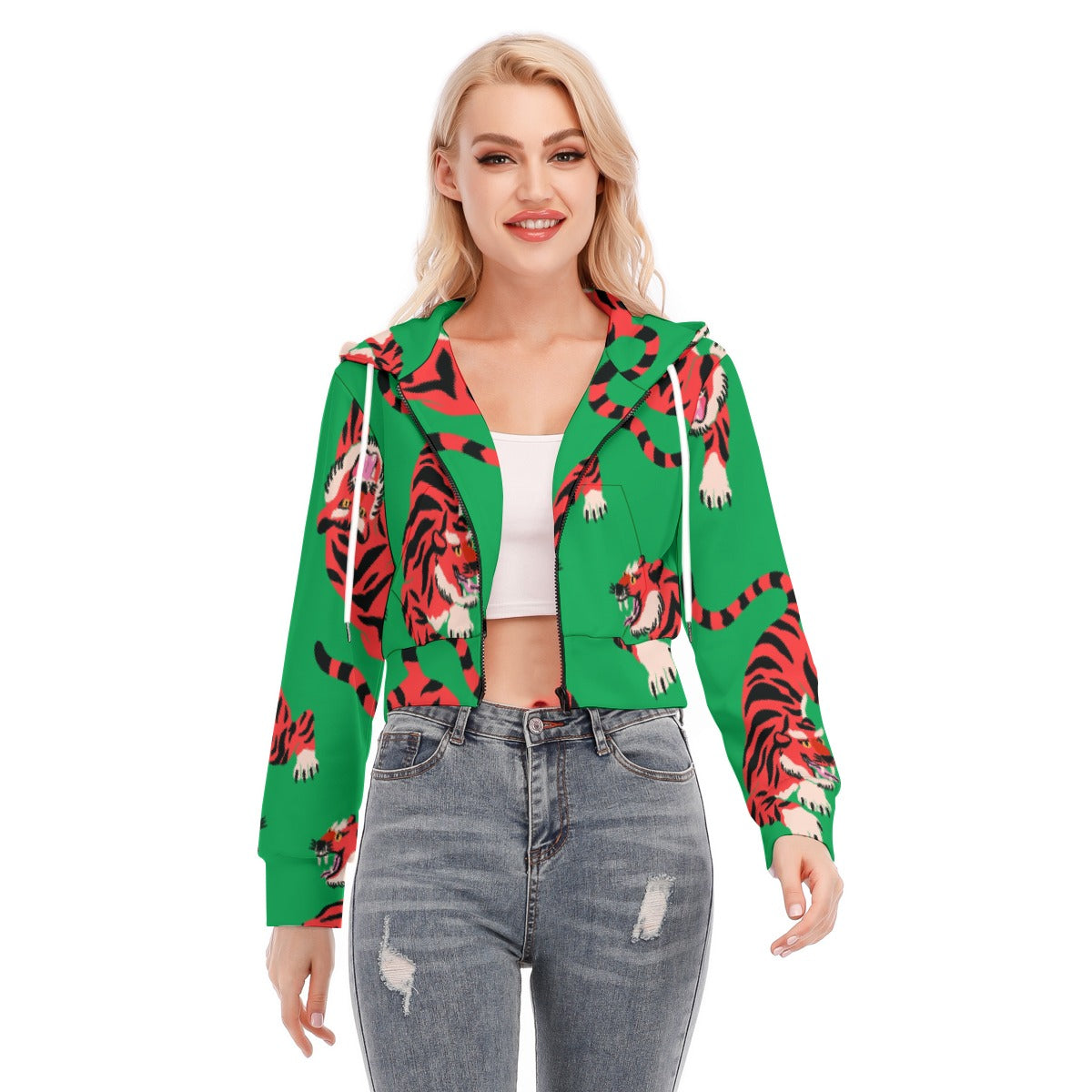 All-Over Print Women's Crop Top Hoodie With Zipper Closure