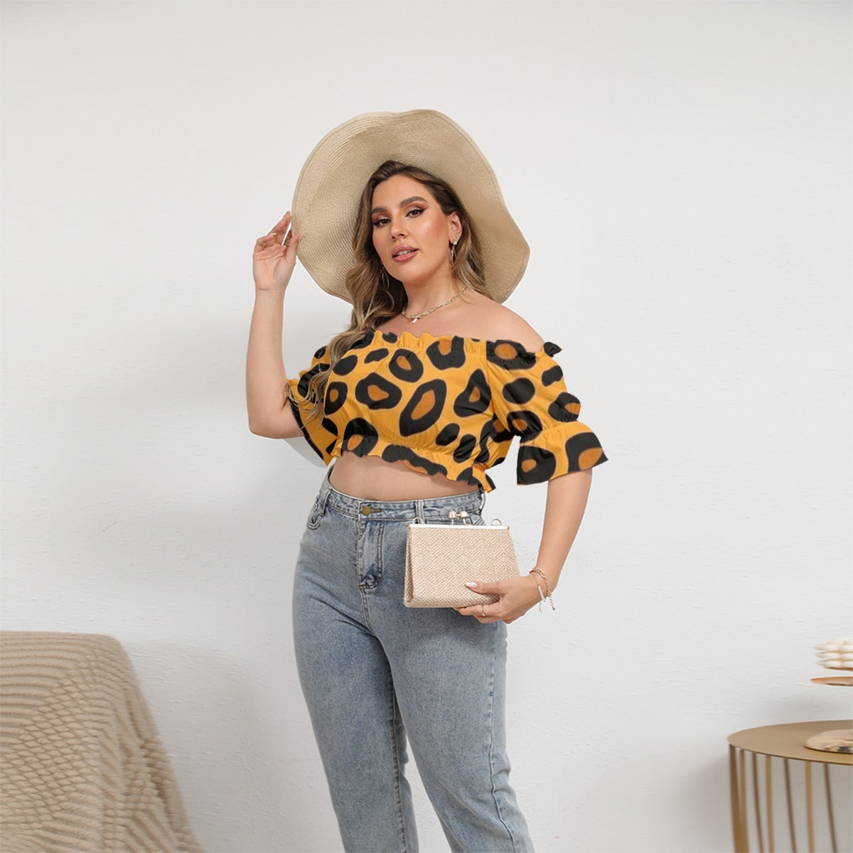 All-Over Print Women's Off-shoulder Cropped Top With Short Puff Sleeve