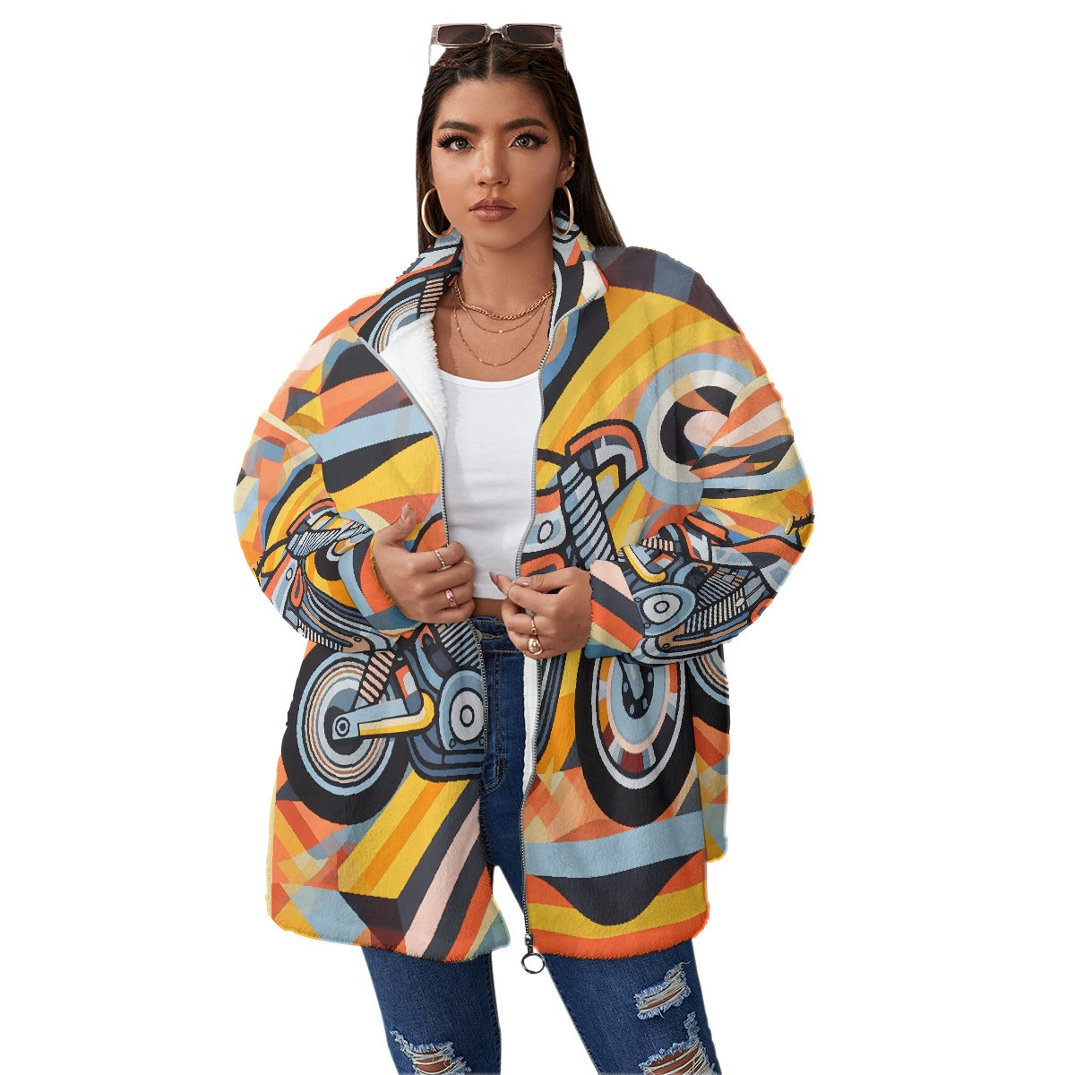All-Over Print Unisex Borg Fleece Stand-up Collar Coat With Zipper Closure(Plus Size)