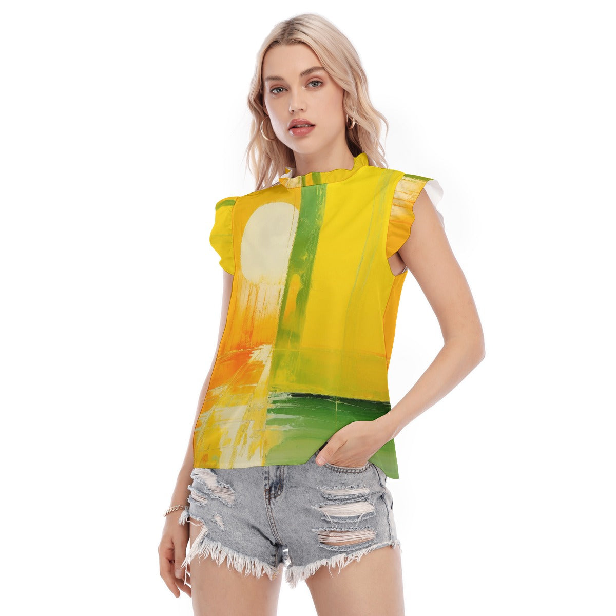 All-Over Print Women's Blouse With Ruffle Collar And Sleeve