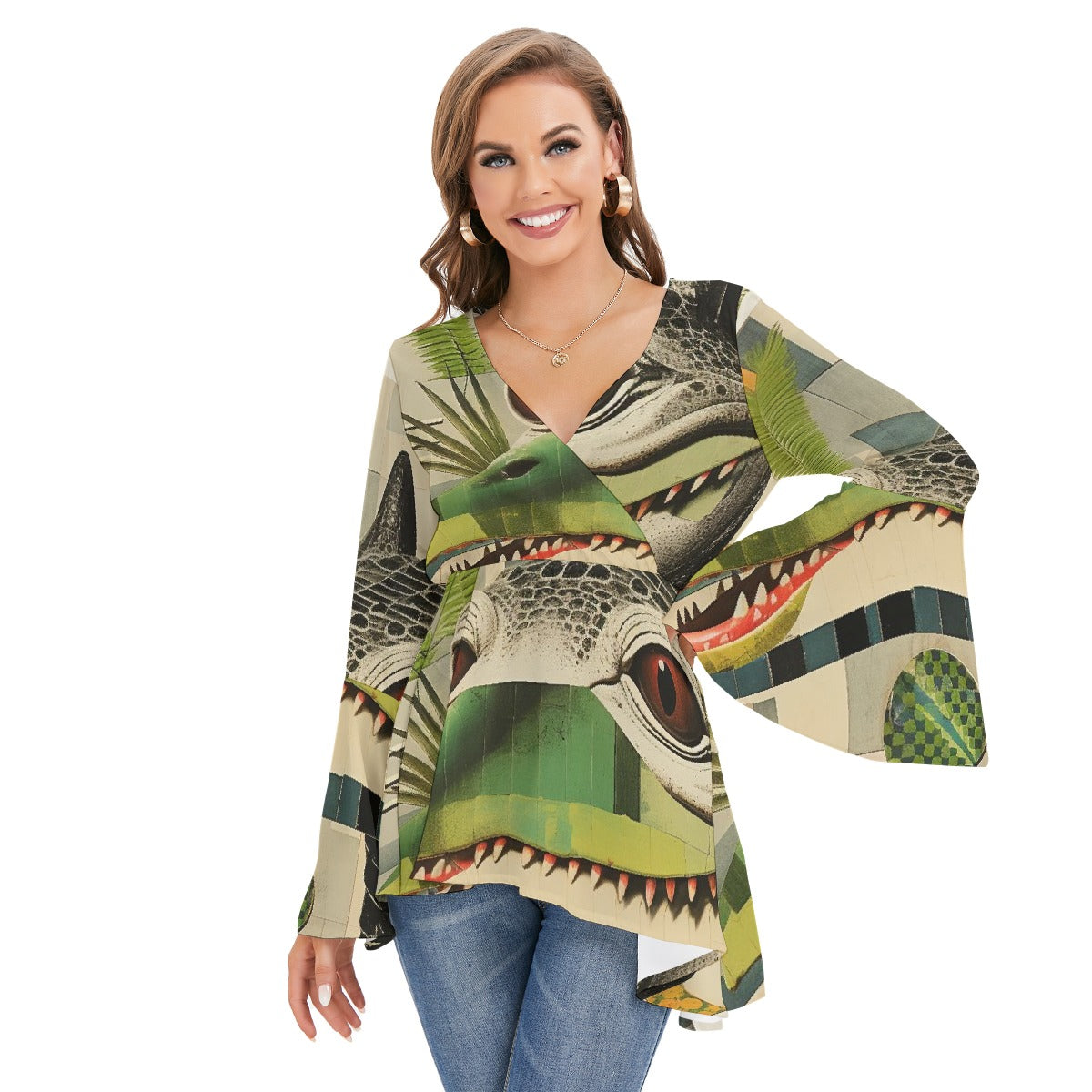All-Over Print Women's V-neck Blouse With Flared Sleeves