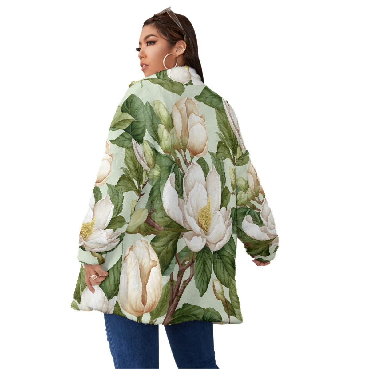 All-Over Print Unisex Borg Fleece Stand-up Collar Coat With Zipper Closure(Plus Size)