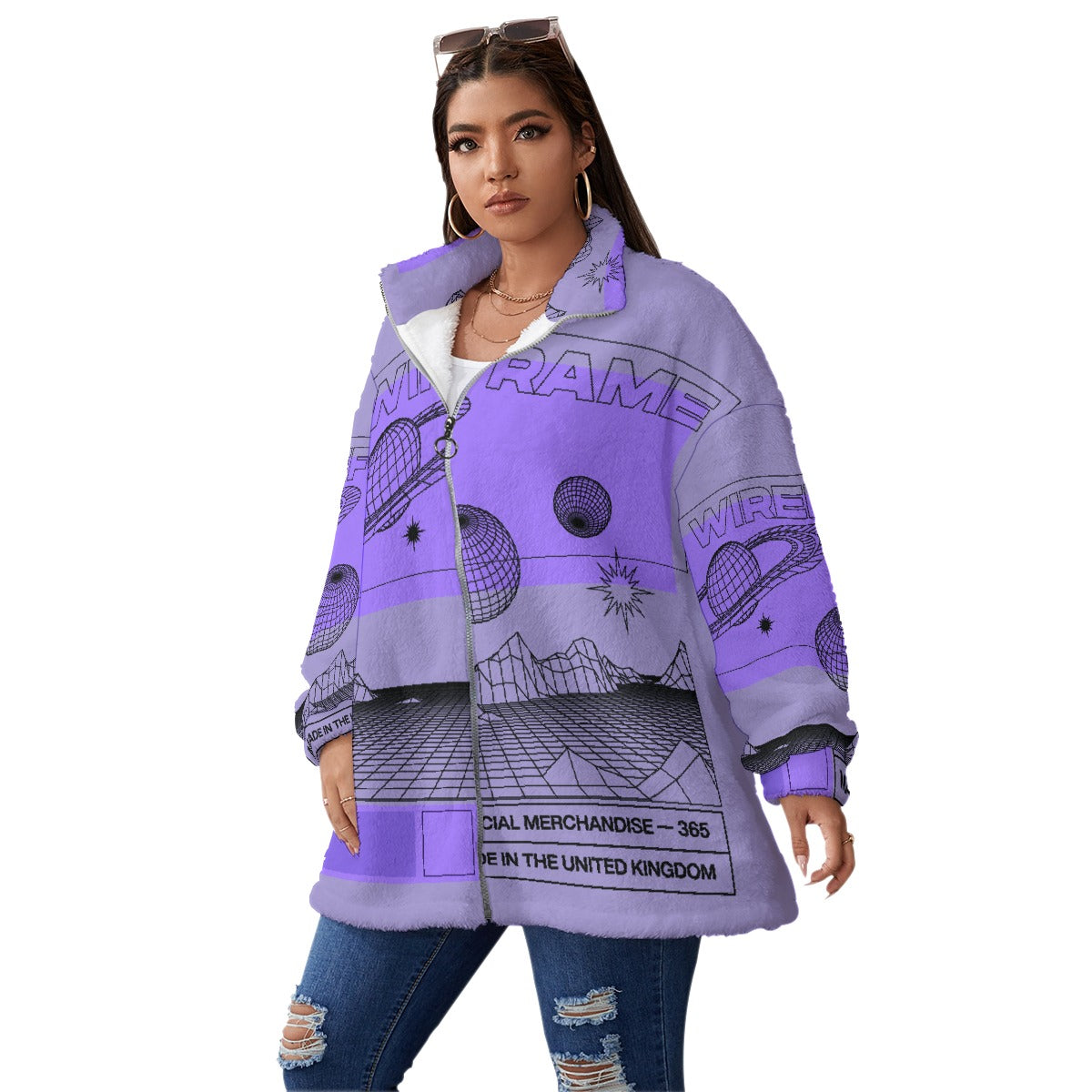 All-Over Print Unisex Borg Fleece Stand-up Collar Coat With Zipper Closure(Plus Size)