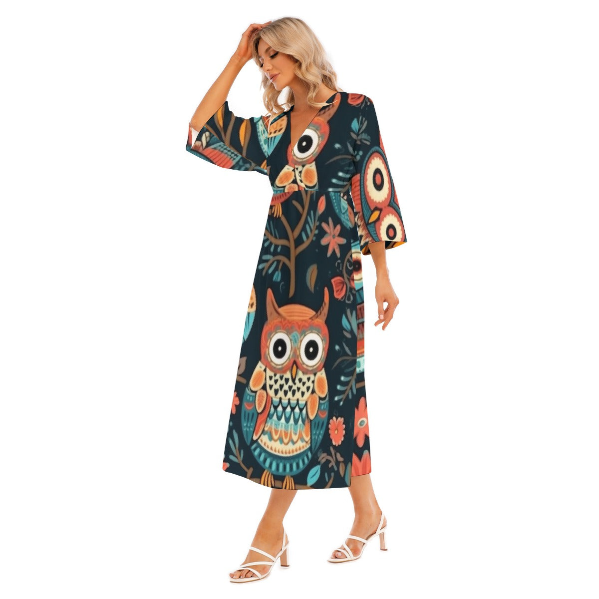 All-Over Print Women's Mid-Sleeve Long Dress