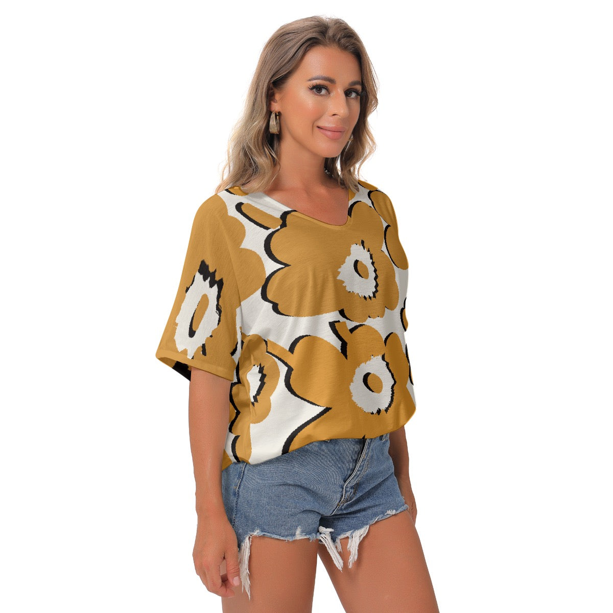 All-Over Print Women's Bat Sleeves V-Neck Blouse