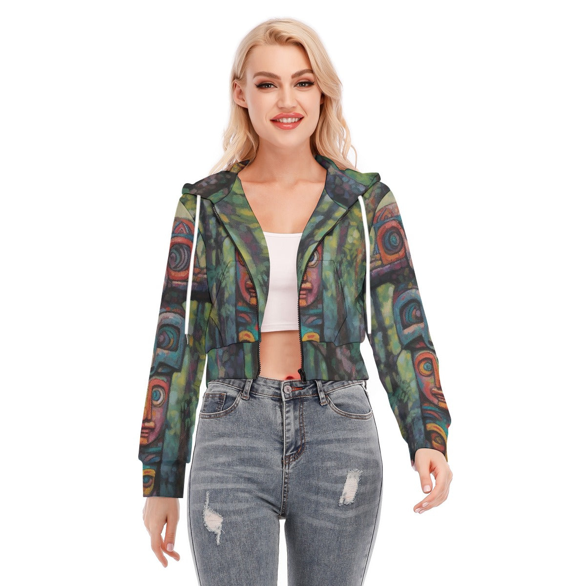 All-Over Print Women's Crop Top Hoodie With Zipper Closure