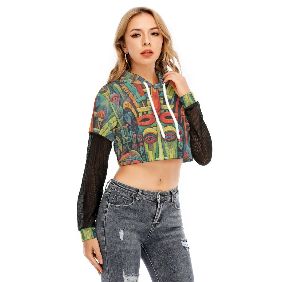 All-Over Print Women's Fake Two-piece Mesh Sleeve Cropped Hoodie