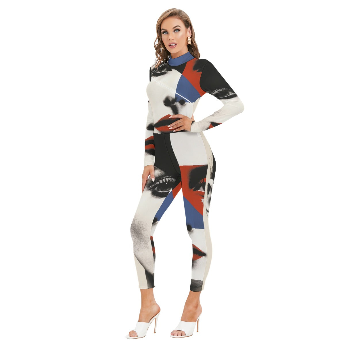 All-Over Print Women's Long-sleeved High-neck Jumpsuit With Zipper