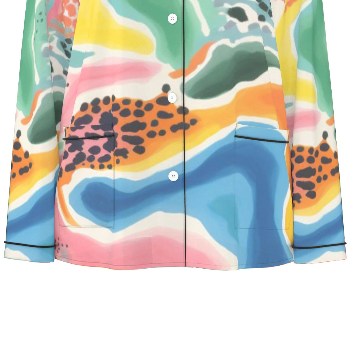 All-Over Print Women's Long Sleeve Pajama Set With Black Contrast Piping