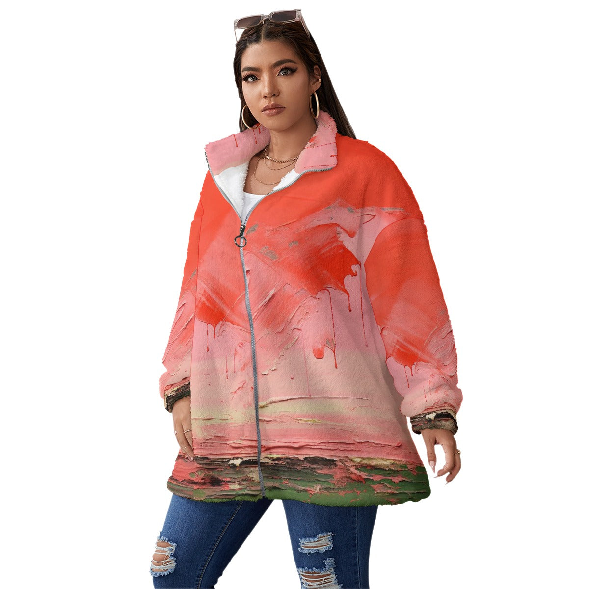 All-Over Print Unisex Borg Fleece Stand-up Collar Coat With Zipper Closure(Plus Size)
