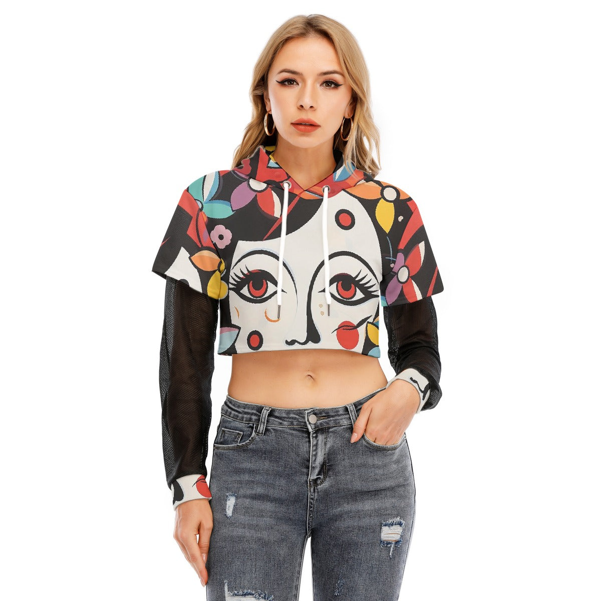 All-Over Print Women's Fake Two-piece Mesh Sleeve Cropped Hoodie