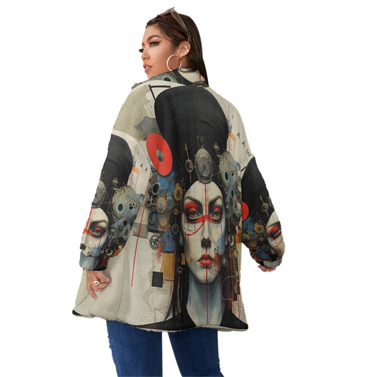 All-Over Print Unisex Borg Fleece Stand-up Collar Coat With Zipper Closure(Plus Size)