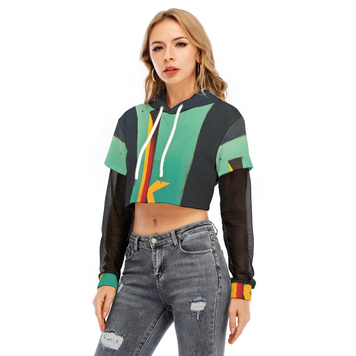 All-Over Print Women's Fake Two-piece Mesh Sleeve Cropped Hoodie