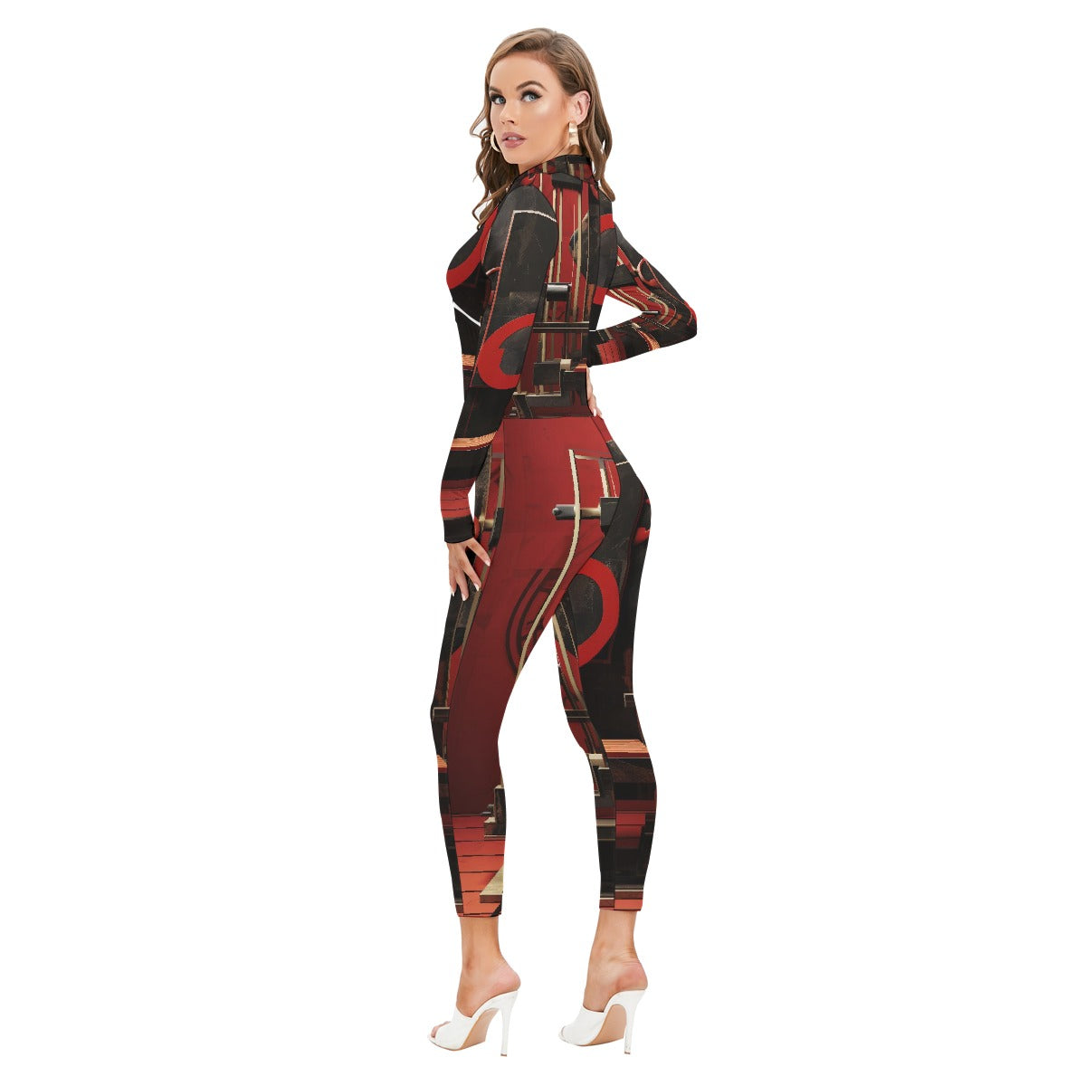 All-Over Print Women's Long-sleeved High-neck Jumpsuit With Zipper