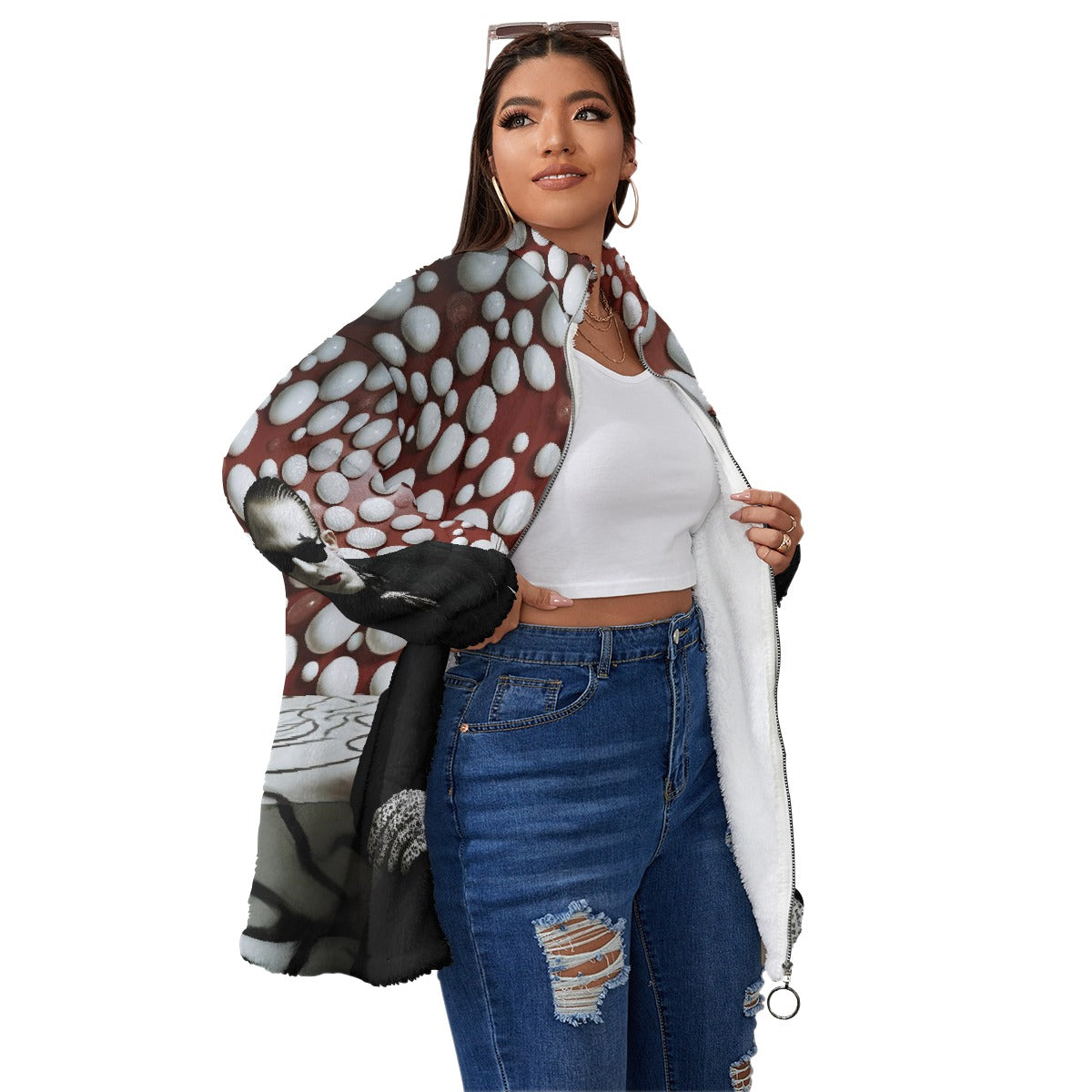 All-Over Print Unisex Borg Fleece Stand-up Collar Coat With Zipper Closure(Plus Size)