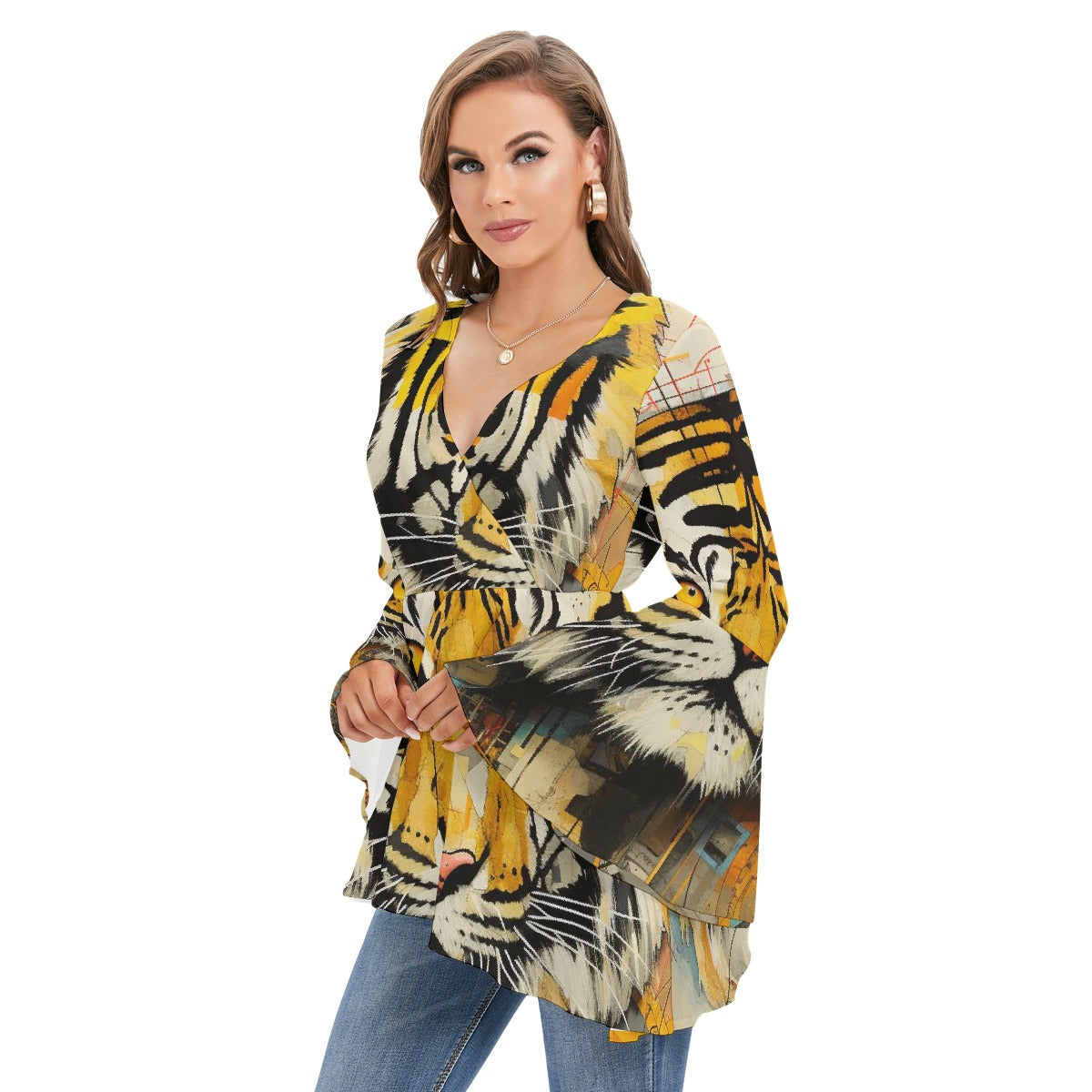 All-Over Print Women's V-neck Blouse With Flared Sleeves