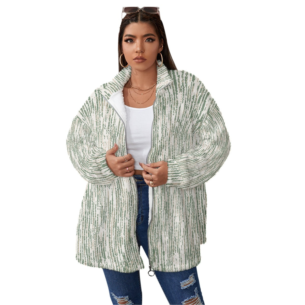 All-Over Print Unisex Borg Fleece Stand-up Collar Coat With Zipper Closure(Plus Size)