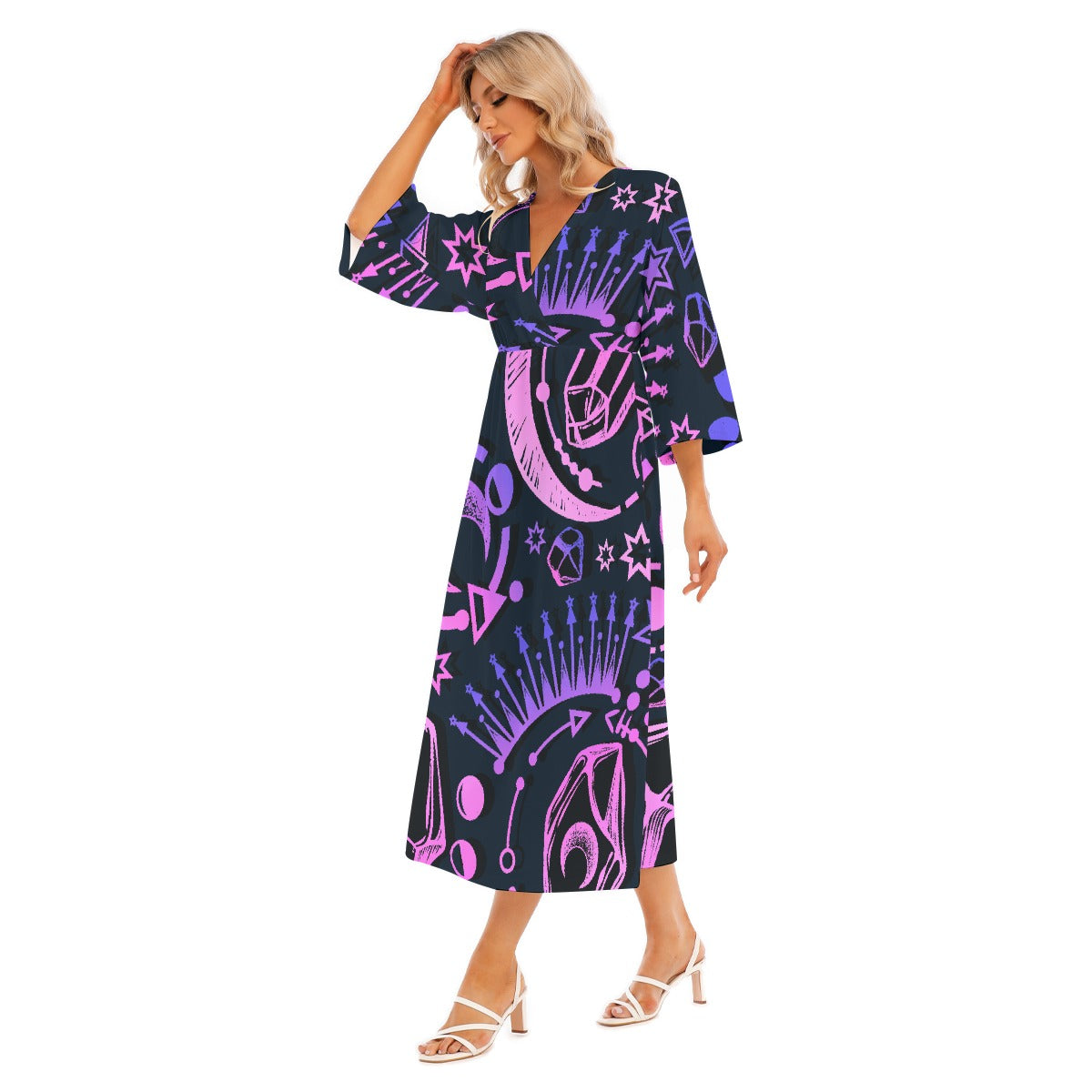 All-Over Print Women's Mid-Sleeve Long Dress