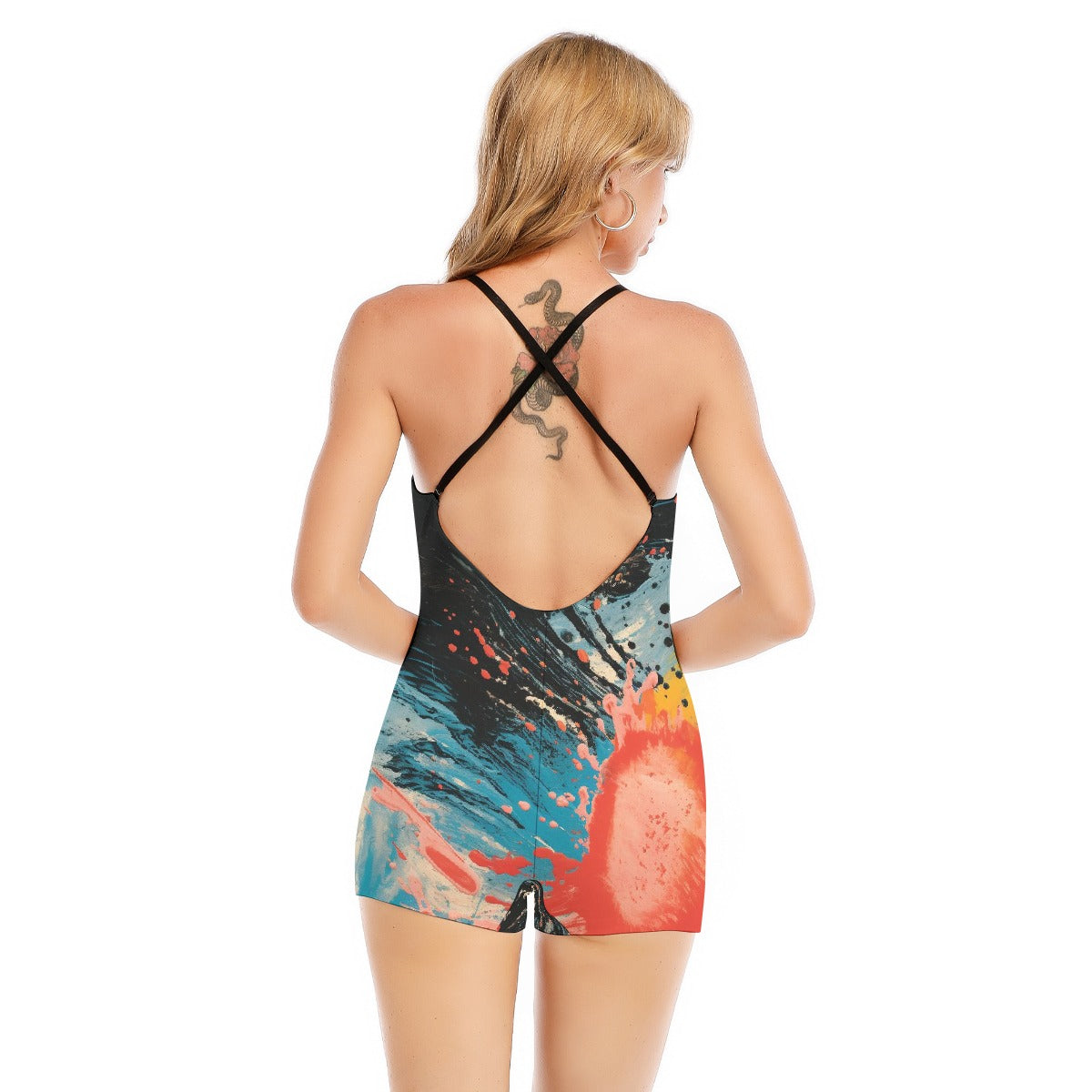 All-Over Print Women's Backless Romper With Black Straps