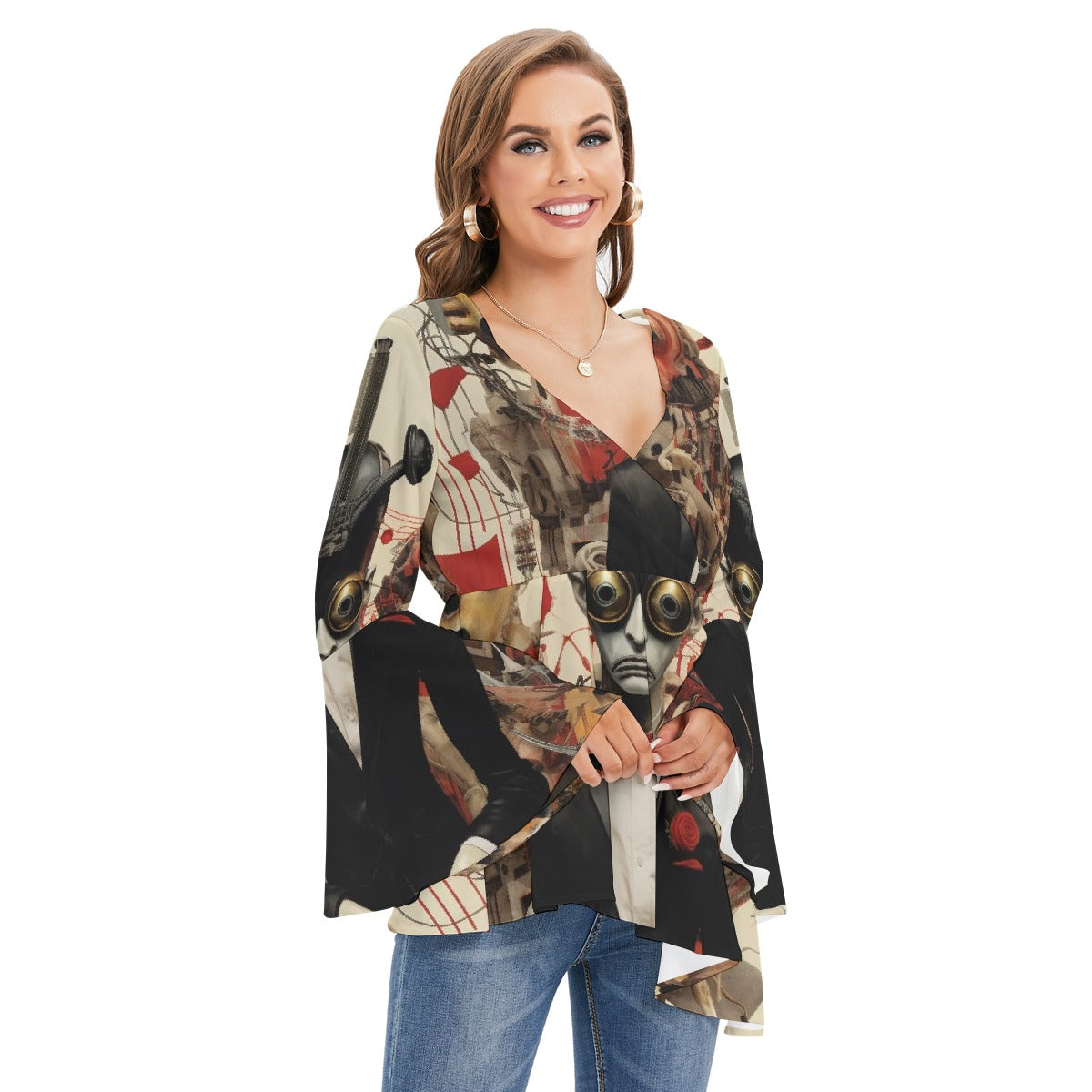 All-Over Print Women's V-neck Blouse With Flared Sleeves
