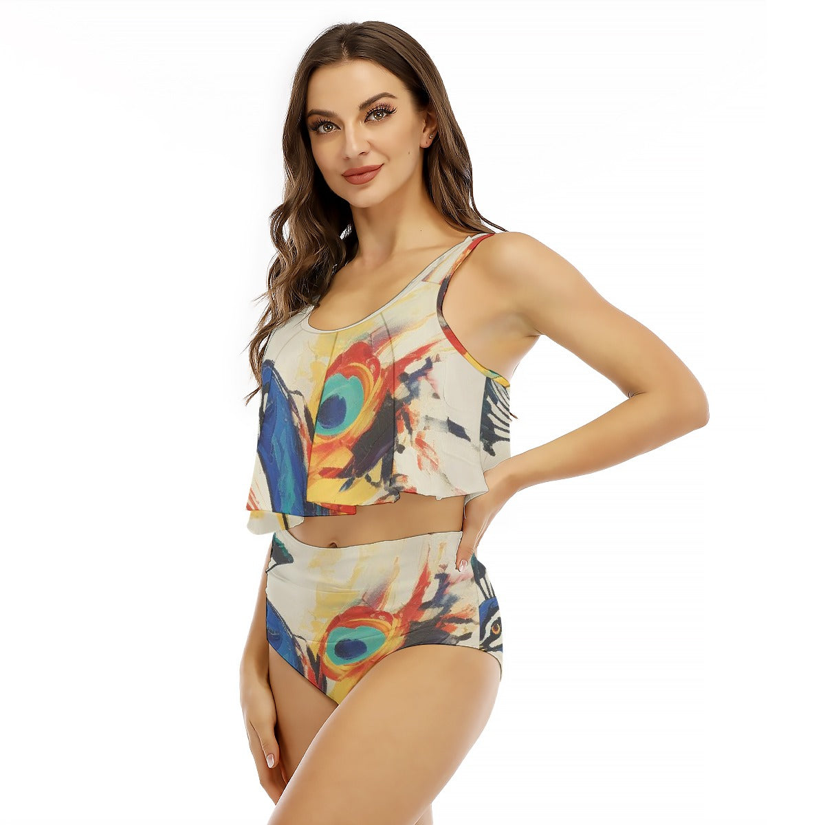 All-Over Print Women's Ruffled Vest Bikini Swimsuit