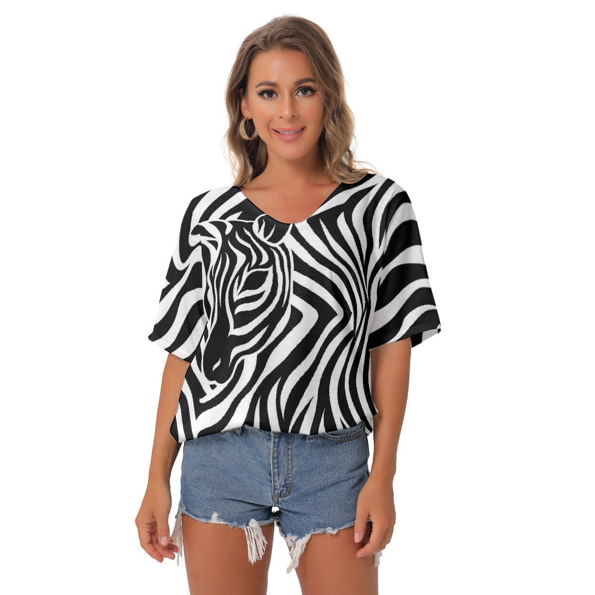 All-Over Print Women's Bat Sleeves V-Neck Blouse