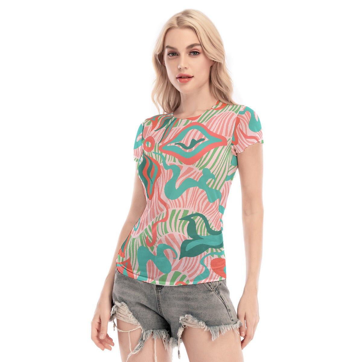 All-Over Print Women's Short Sleeve Mesh Blouse