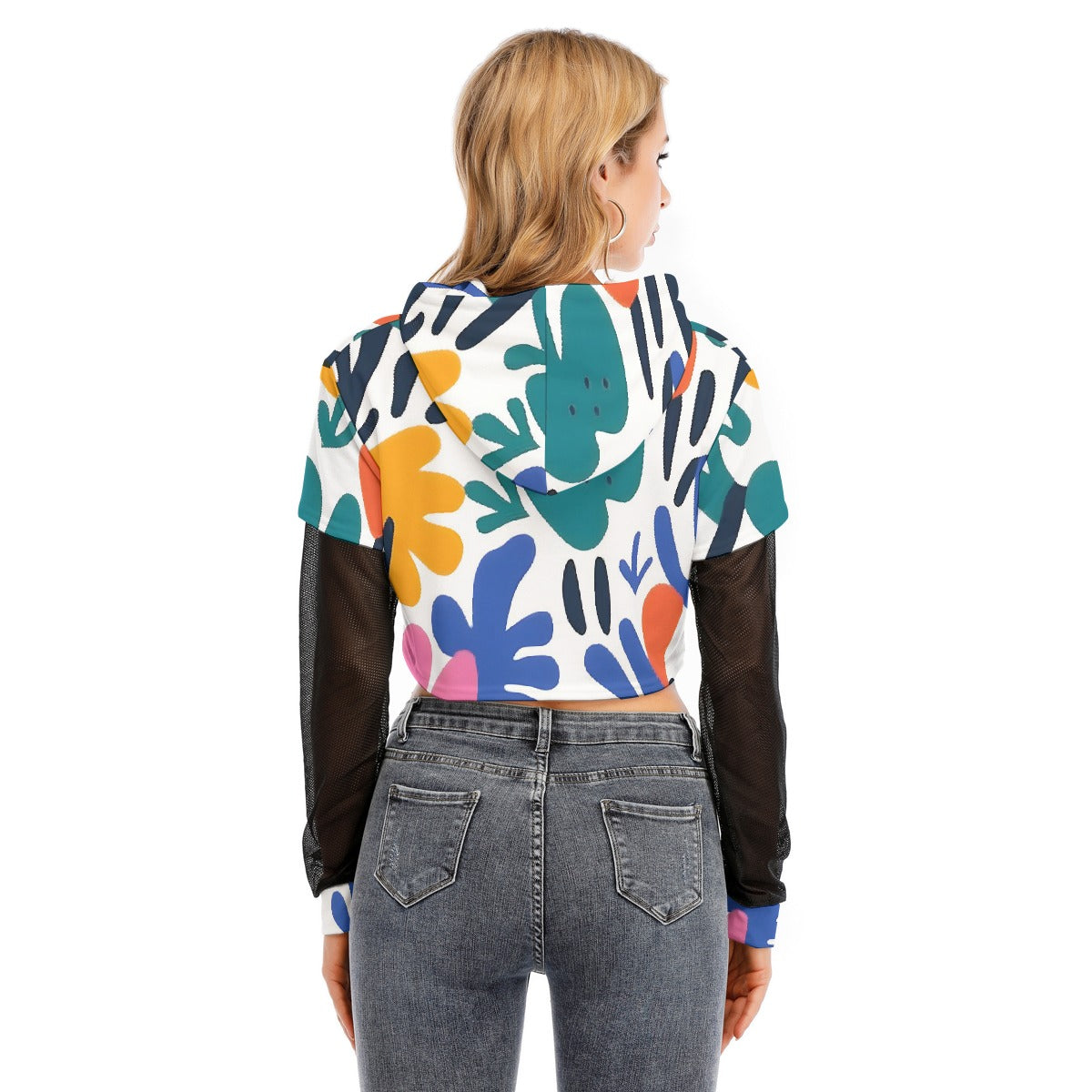 All-Over Print Women's Fake Two-piece Mesh Sleeve Cropped Hoodie