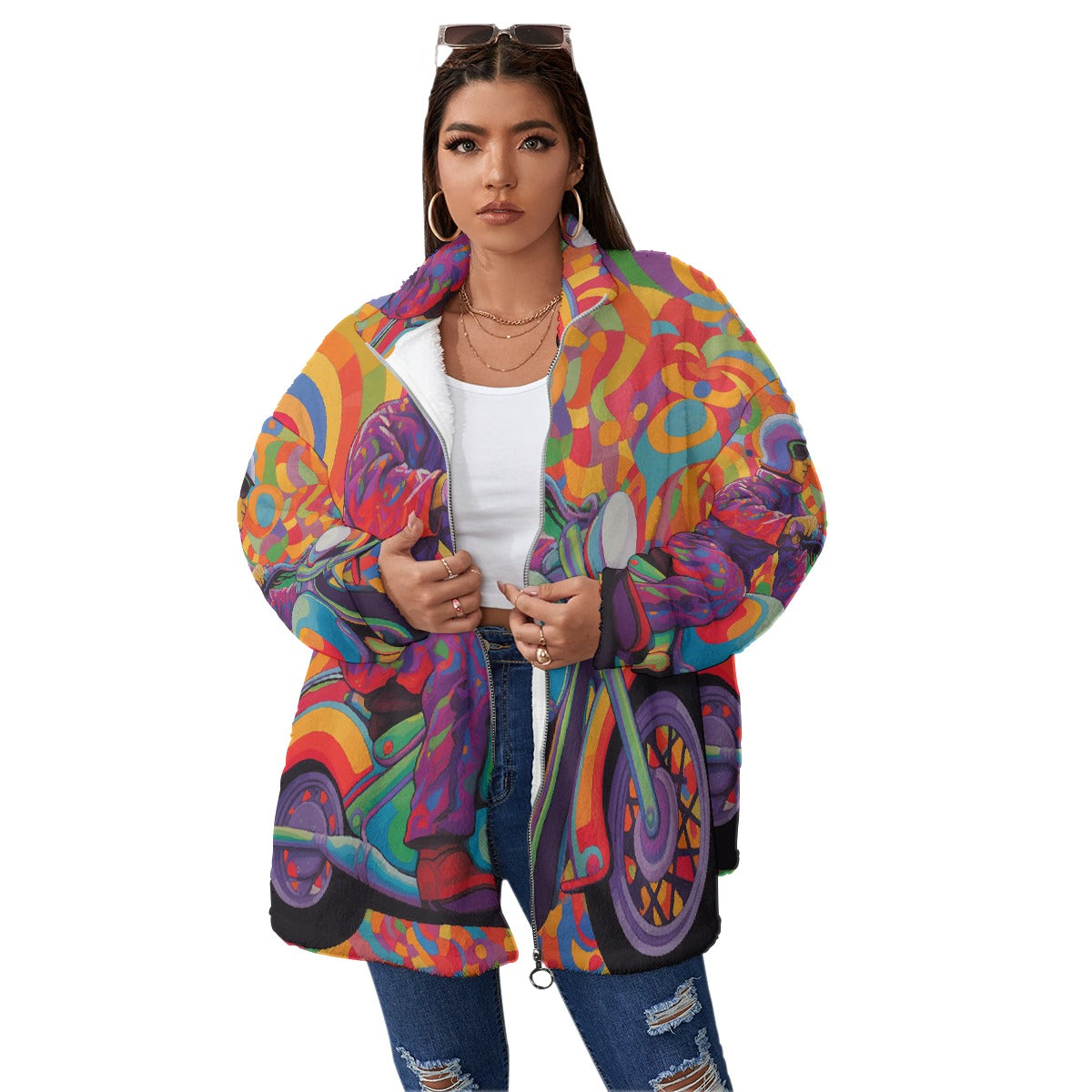 All-Over Print Unisex Borg Fleece Stand-up Collar Coat With Zipper Closure(Plus Size)