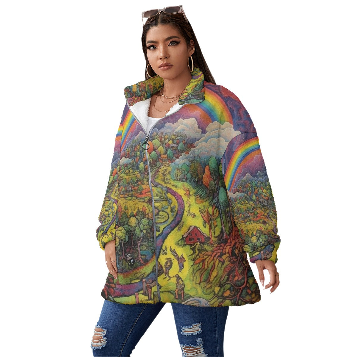 All-Over Print Unisex Borg Fleece Stand-up Collar Coat With Zipper Closure(Plus Size)