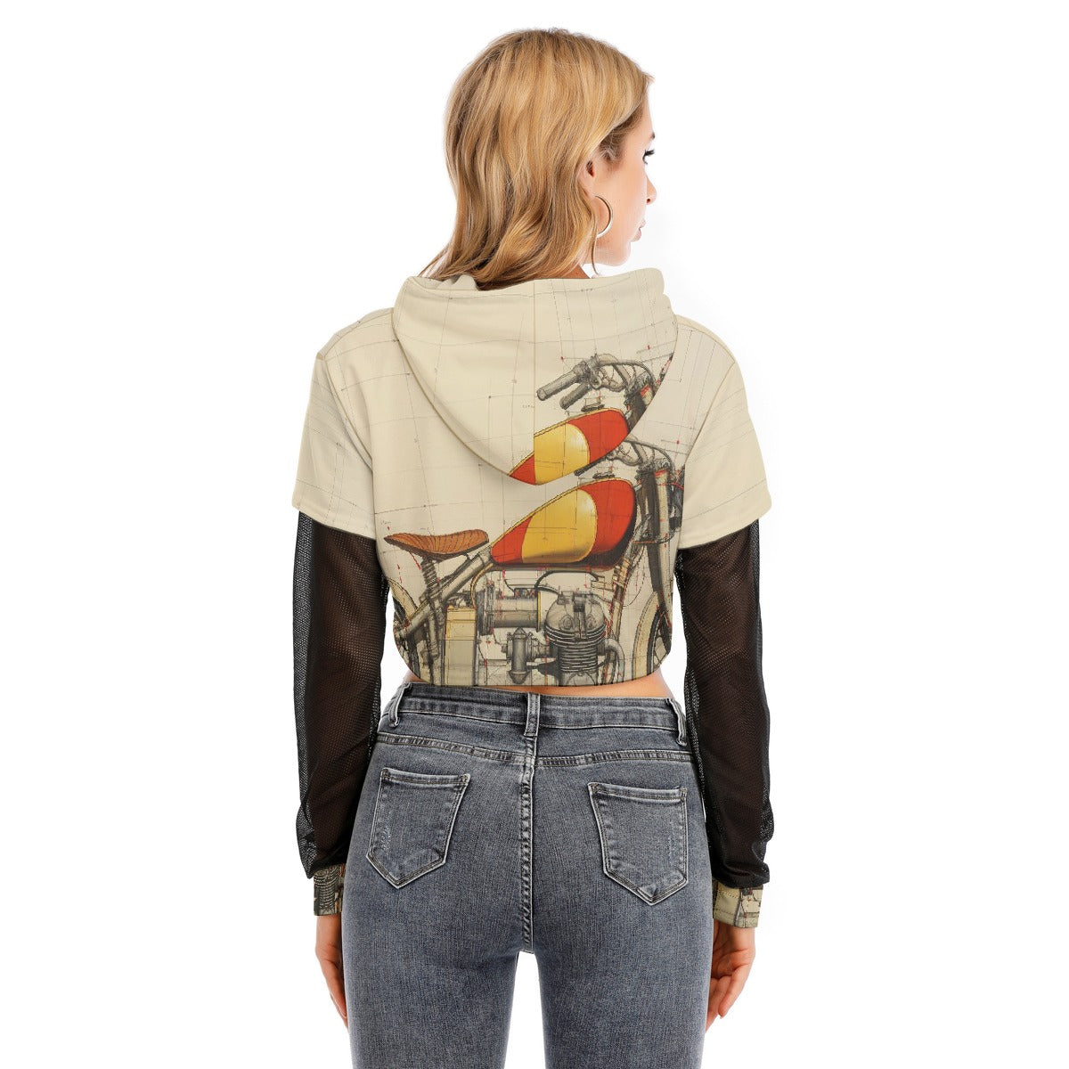 All-Over Print Women's Fake Two-piece Mesh Sleeve Cropped Hoodie