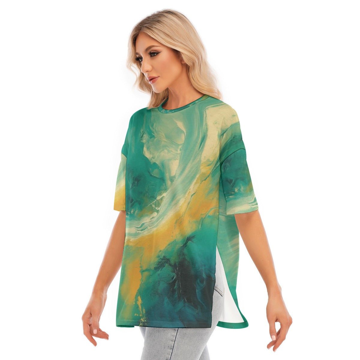 All-Over Print Women's Short Sleeves T-shirt With Hem Split