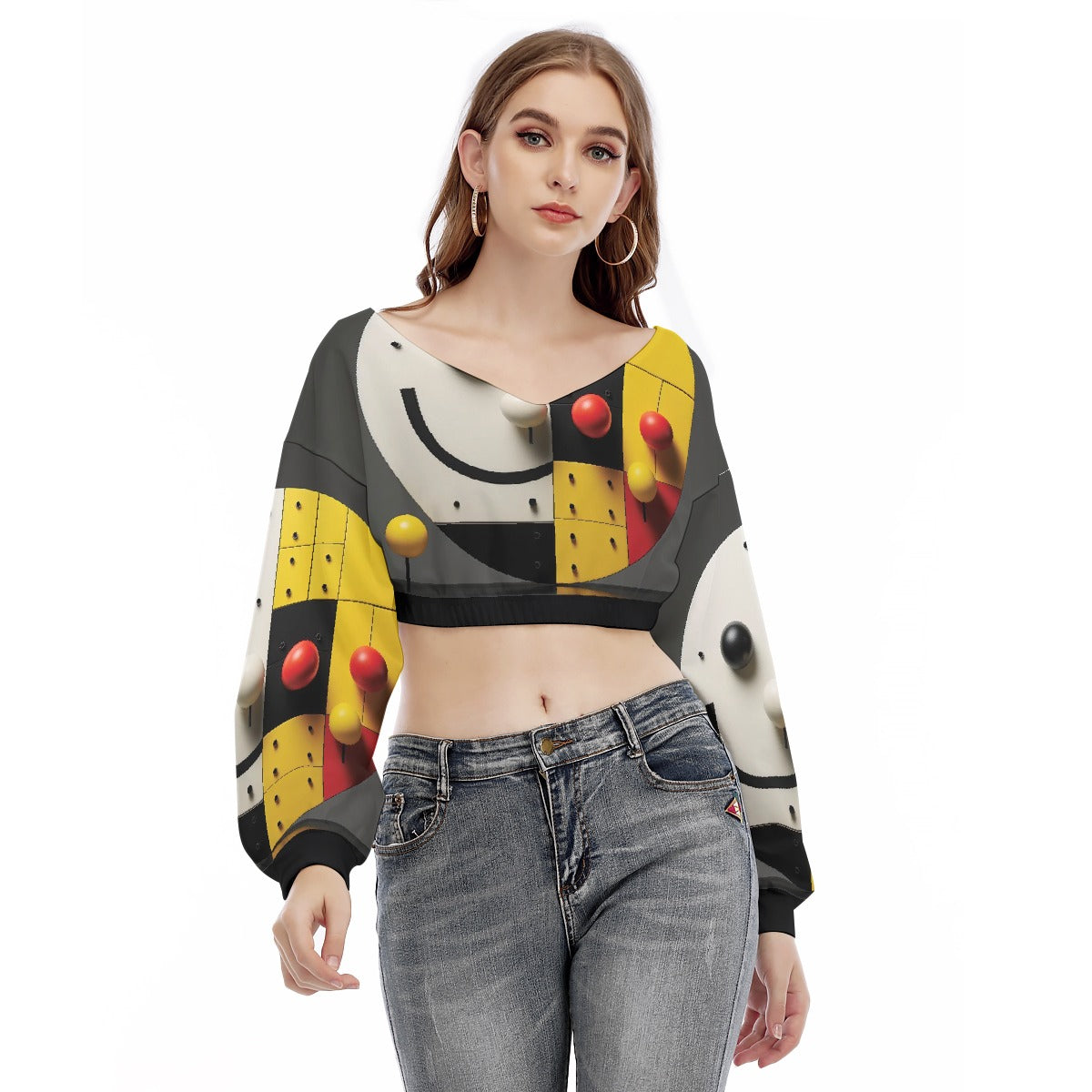 All-Over Print Women's V-neck Long Sleeve Cropped Sweatshirt