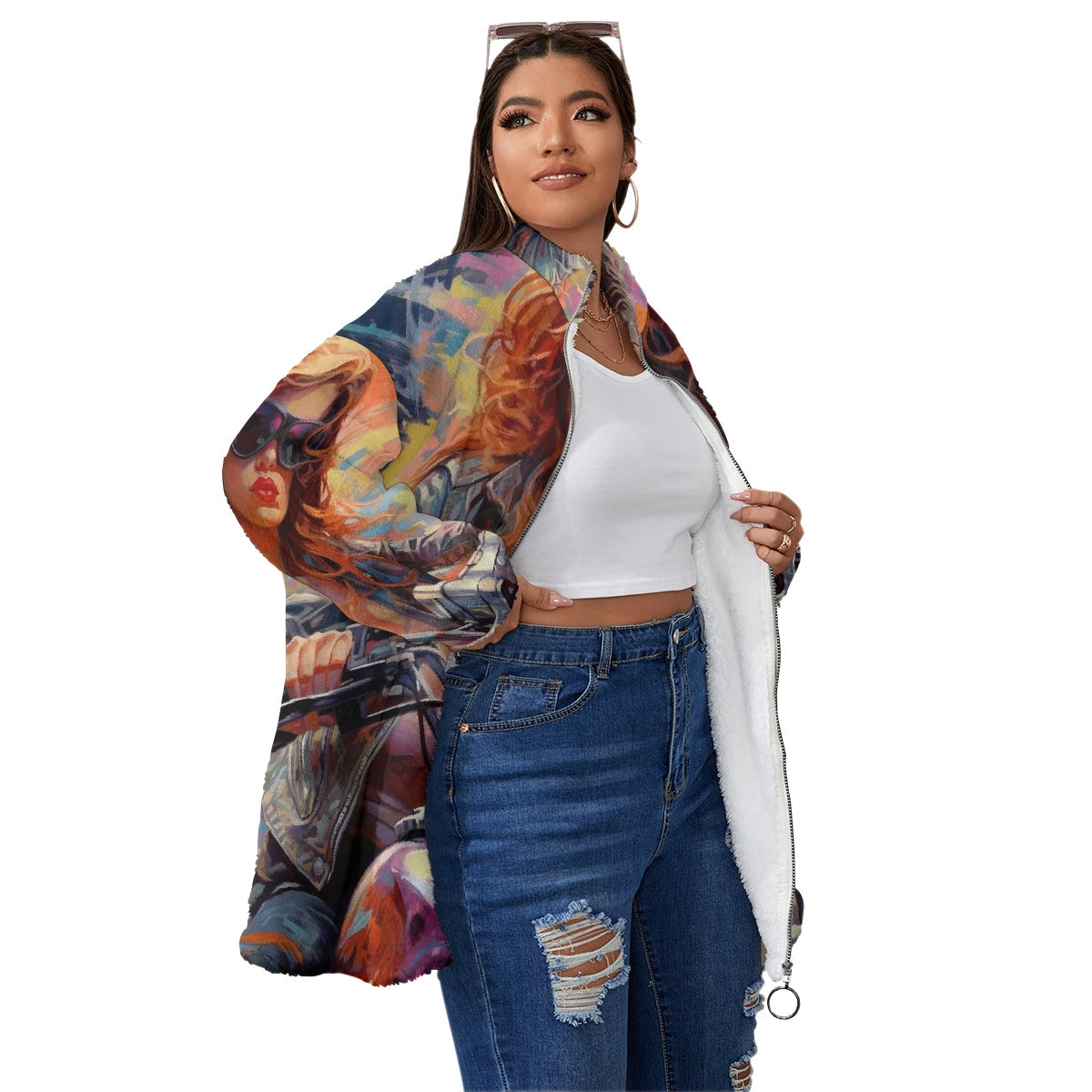 All-Over Print Unisex Borg Fleece Stand-up Collar Coat With Zipper Closure(Plus Size)