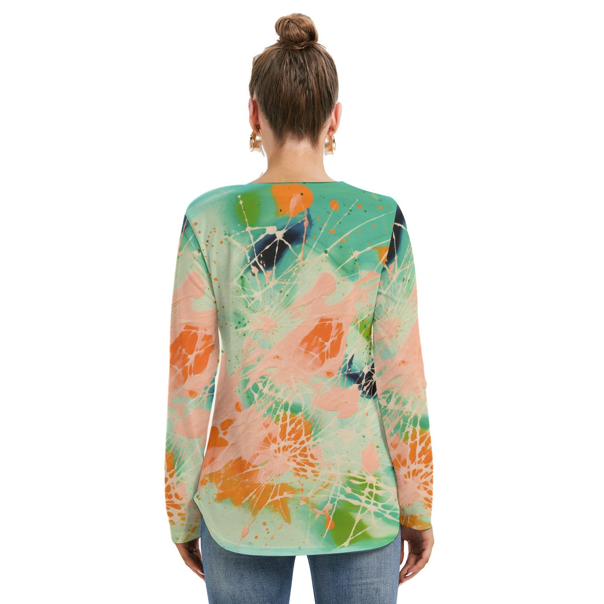 All-Over Print Women's Long Sleeve Neckline Tie Sweatshirt