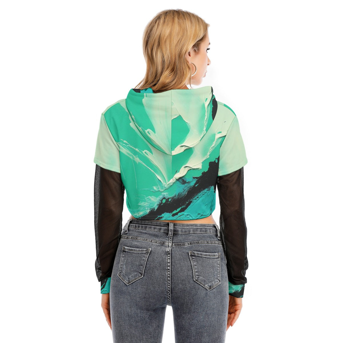 All-Over Print Women's Fake Two-piece Mesh Sleeve Cropped Hoodie