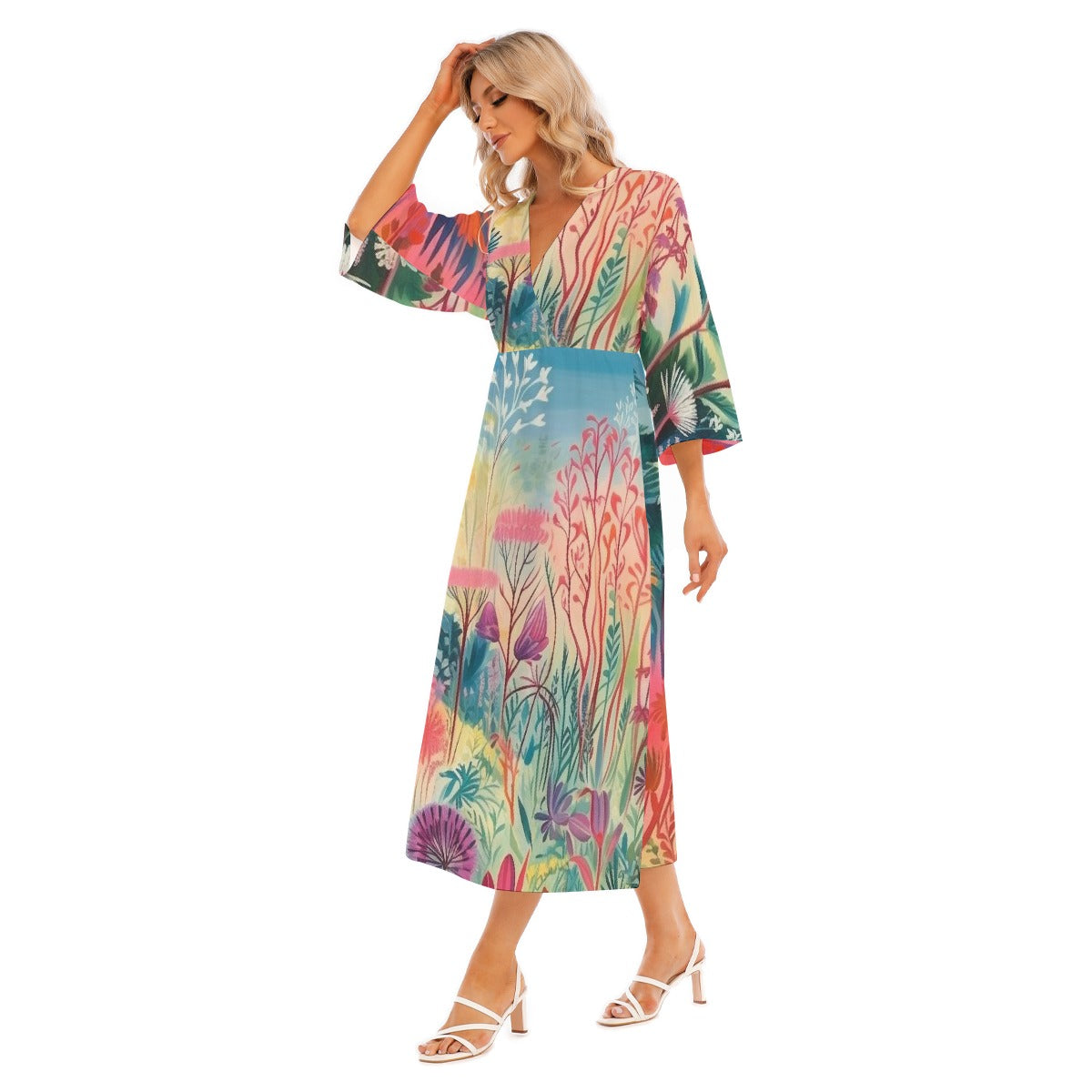 All-Over Print Women's Mid-Sleeve Long Dress